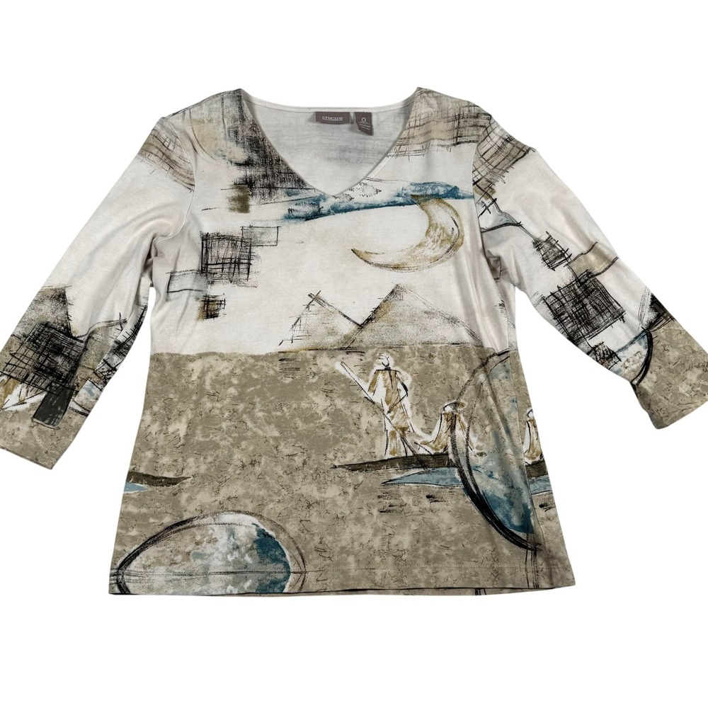 Chicos 0 Top Small Beige Abstract Print V Neck Stretch Art Desert Earthy Neutral